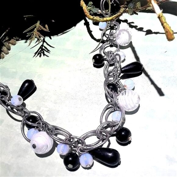 80's Retro Necklace Glass Bead Charms Silver tone Chain - Picture 2 of 5